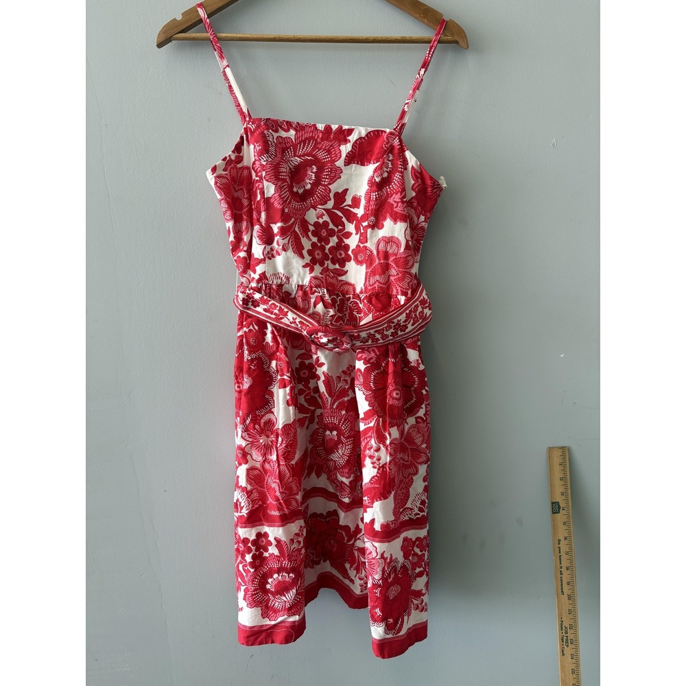 Joie Dress Womens 6 Red White Floral Smocked Square Neck Belted Sundress